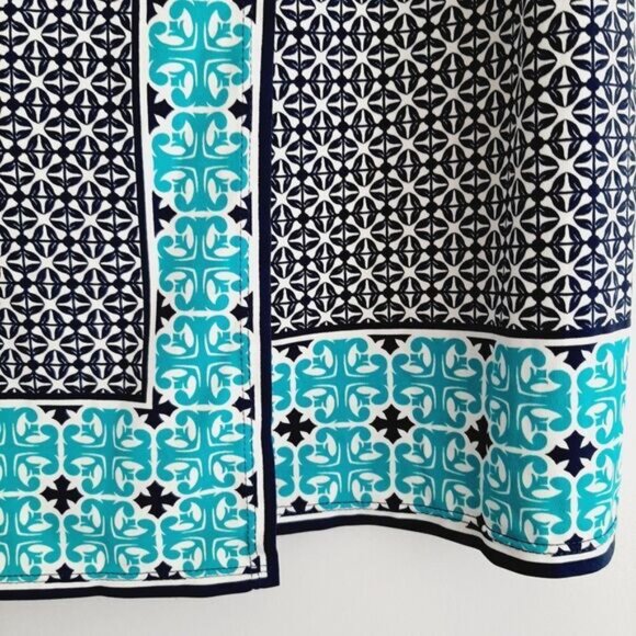 MAX STUDIO Geometric Blue Pattern Stretchy Faux Wrap Mini Dress Sz L - Picture 5 of 15